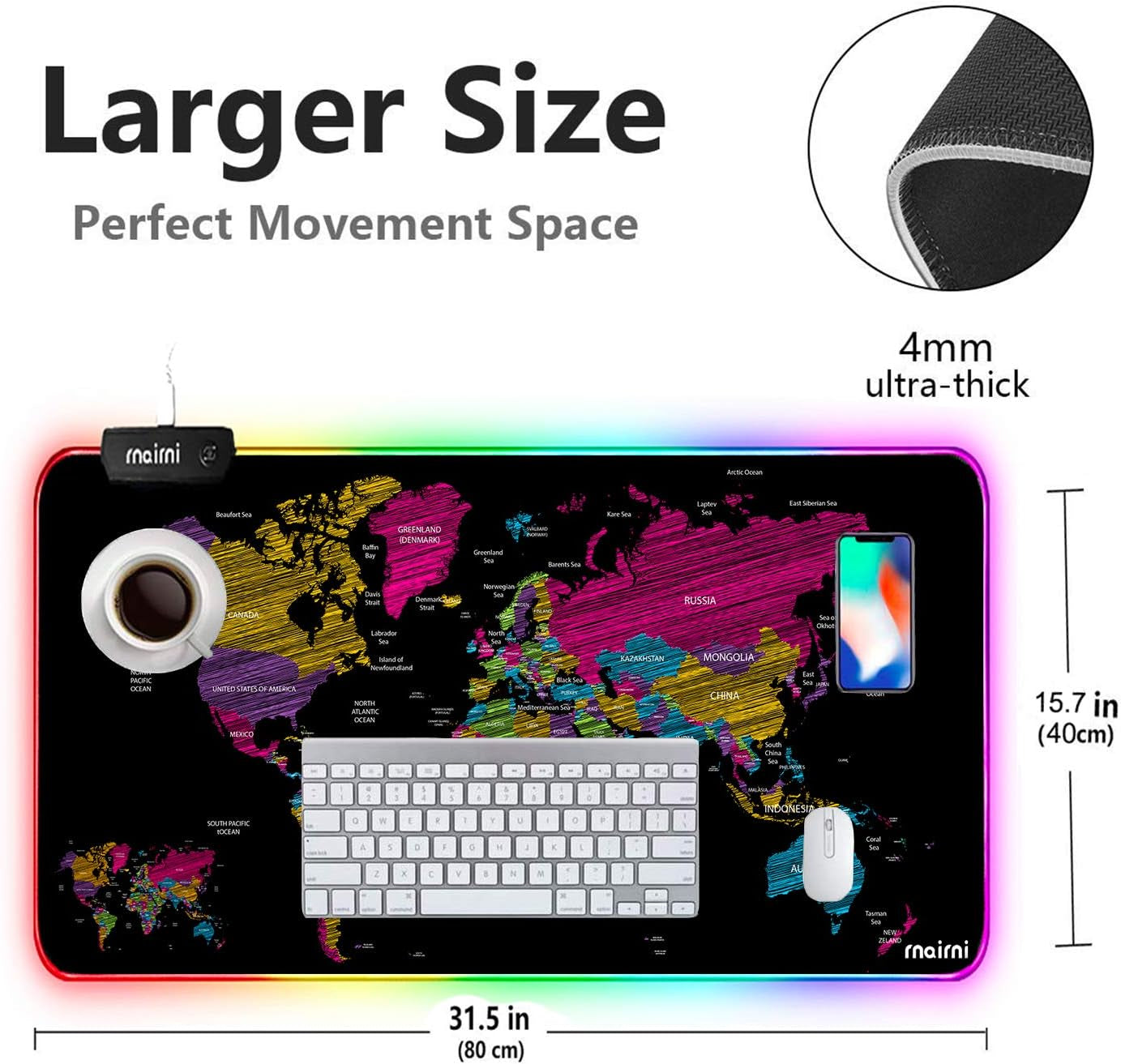 Extended RGB Mouse Pad Mat,  Large Office Table Desk Mat Gaming Lighting Led Mousepad for PC Computer Macbook Keyboard Waterproof Anti-Slip Ultra Thin 4Mm - 31.5'' X 15.7' (Black Map)