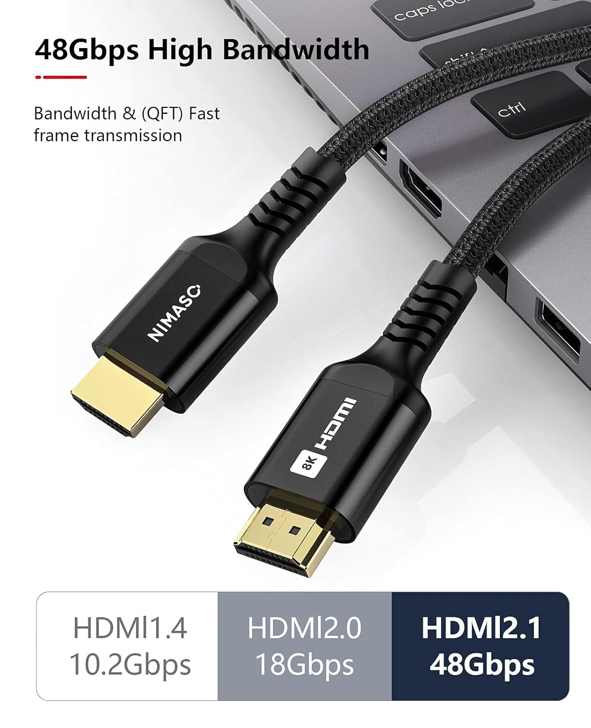 8K HDMI 2.1 Cable 6.6FT 48Gbps, Ultra High Speed HDMI Cable Braided Cord 4K@120Hz 8K@60Hz, Earc, HDCP 2.2 & 2.3, HDR 10 Compatible with Roku Tv/Ps5/Xbox X/Hdtv/Blu-Ray