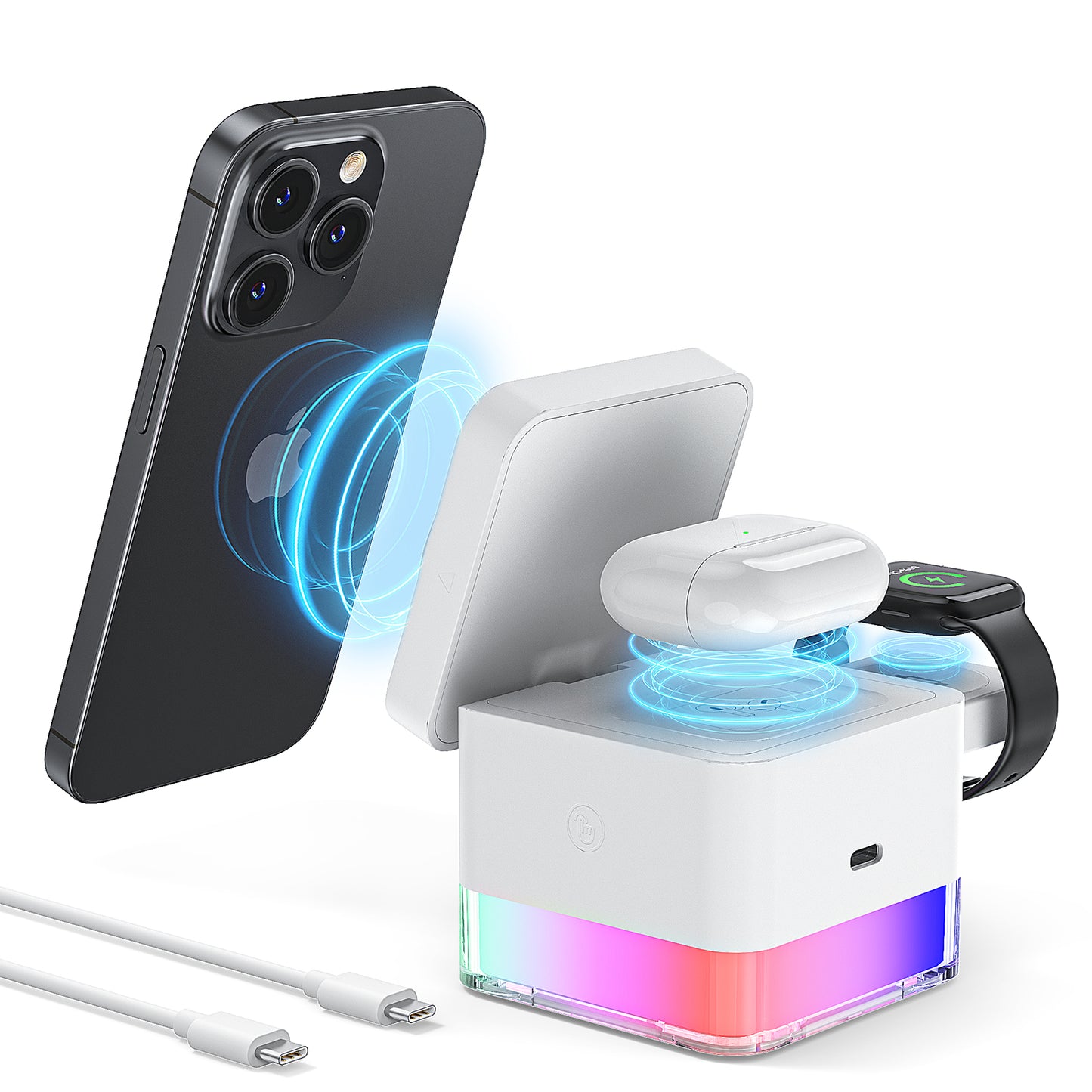 Wireless Charging Station, 3 in 1 Mag-Safe Charger Stand for Multiple Iphone Devices, Magnetic Wireless Charger for Iphone 16/15/14/13/12/Pro/Pro Max, Iwatch 10/SE/9/8/7/6/5/4/3/2, Airpods 2/3, White