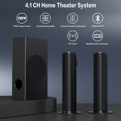 4.1Ch Soundbar with Subwoofer, 120W Separable Sound Bar for TV with 4 Drivers, Usb/Aux/Coaxial/Optical/Hdmi/Bluetooth Connect, SD01