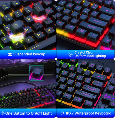 Gaming Keyboard & Mouse, 104 Keys Rainbow LED RGB Backlit Quiet Computer Keyboard, Multimedia Keys, 26 Anti-Ghosting Keys, Waterproof Light up USB Wired Keyboard for PC Gamers Desktop Computer Laptop