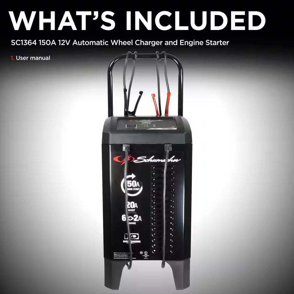 Automotive 12 Volt 150 Amp Fully Automatic Wheeled Battery Charger and Engine Starter with 20 Amp Boost