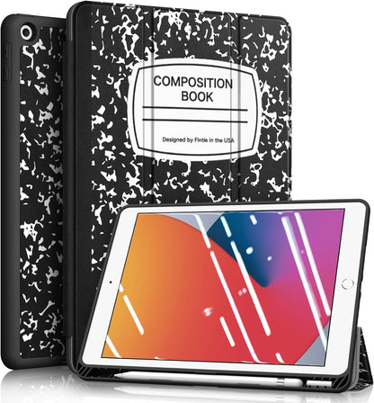 Slimshell Case for Ipad 9Th / 8Th / 7Th Generation (2021/2020/2019 Model) 10.2 Inch - [Built-In Pencil Holder] Soft TPU Protective Stand Back Cover, Auto Wake/Sleep, Composition Book Black