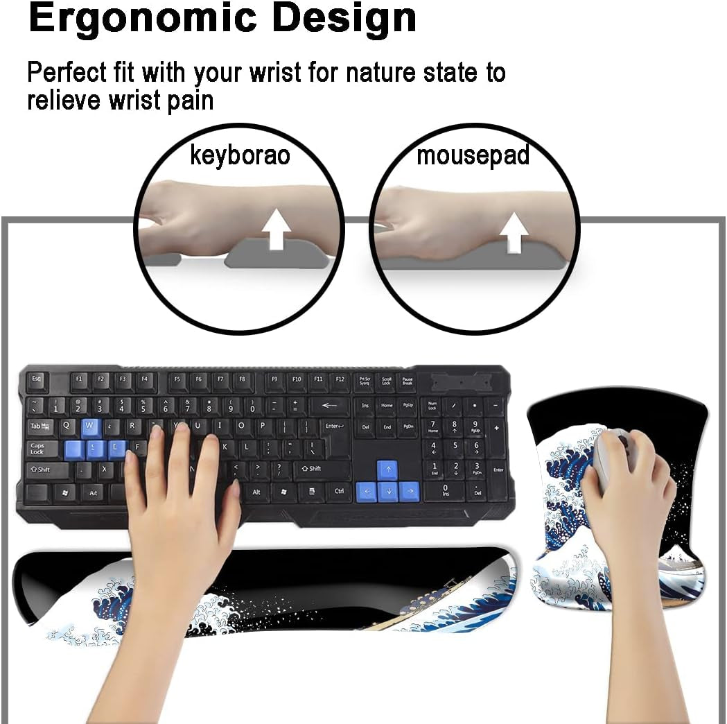 Keyboard Wrist Rest Pad and Mouse Wrist Rest Support, Comfort Wrist Rest Pad with Non-Slip Rubber Base & Memory Foam Support for Working Gaming Fatigue Pain Relief the Great Wave