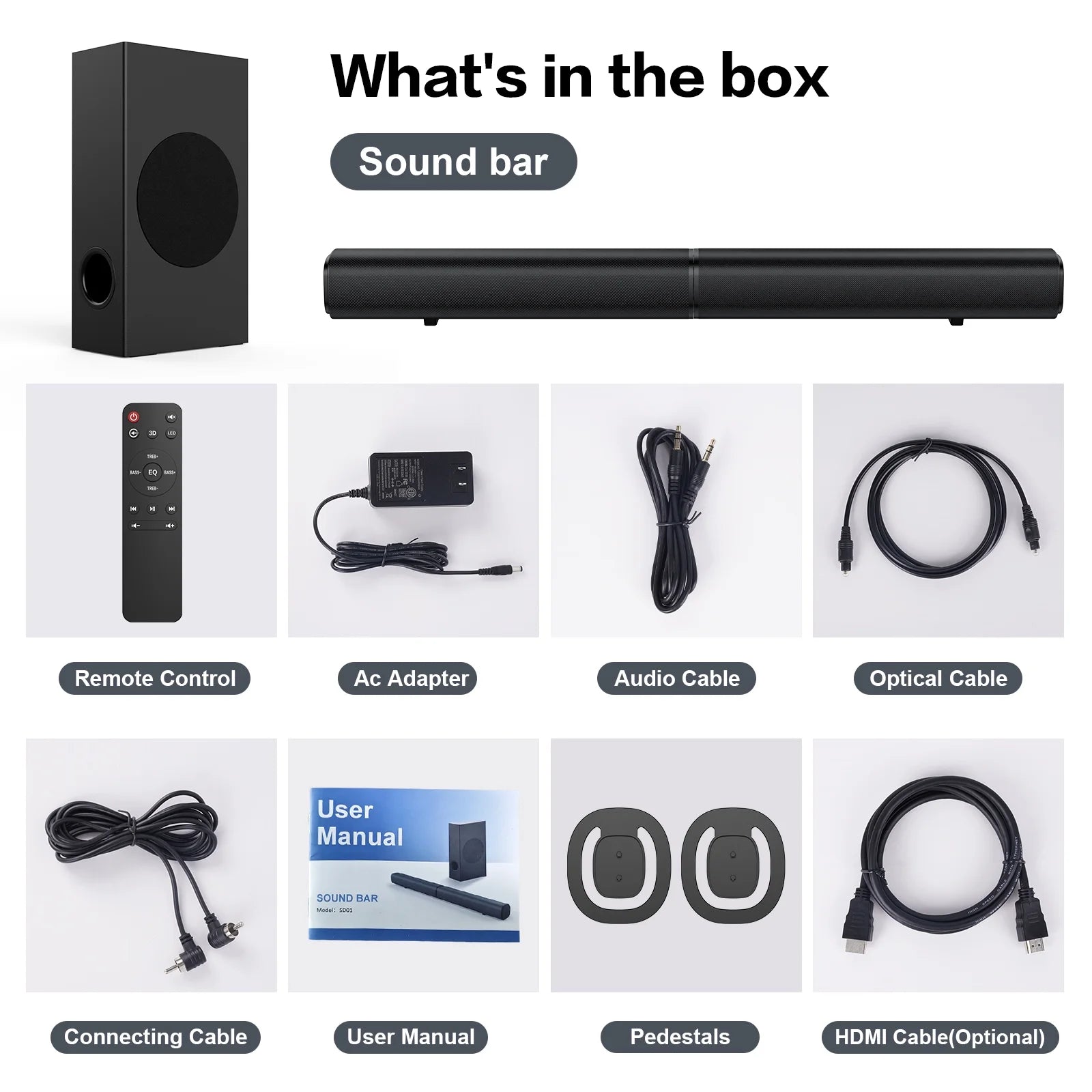 4.1Ch Soundbar with Subwoofer, 120W Separable Sound Bar for TV with 4 Drivers, Usb/Aux/Coaxial/Optical/Hdmi/Bluetooth Connect, SD01