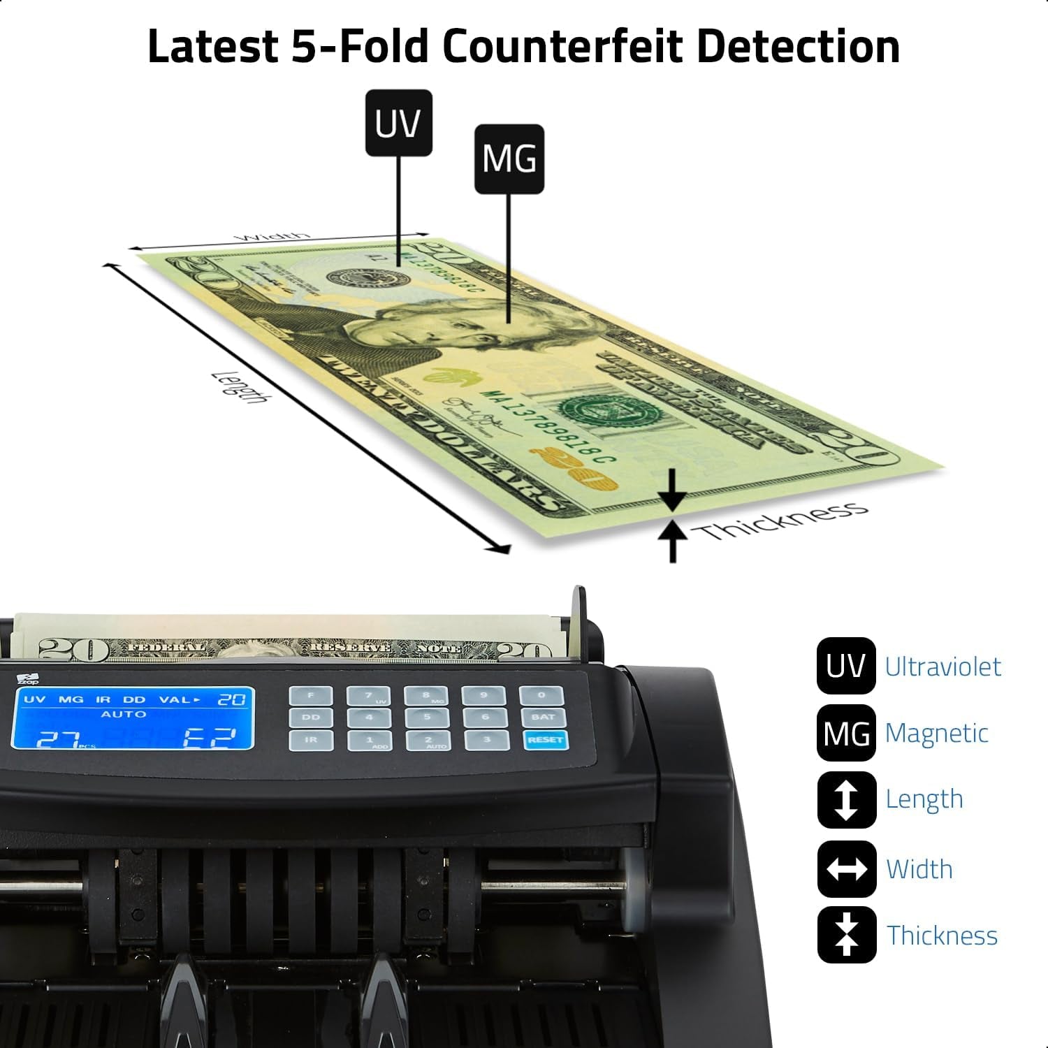 Bill Value Counter & Counterfeit Detector - Money Cash Currency Machine (Nc20I)