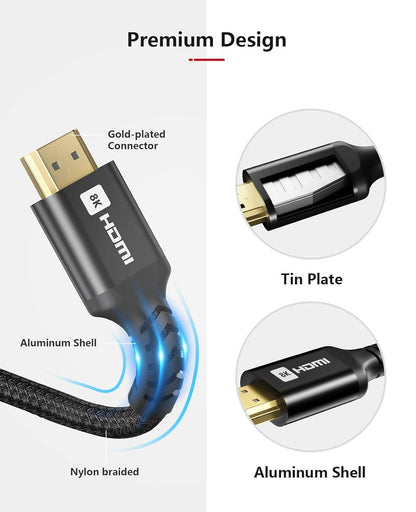 8K HDMI 2.1 Cable 6.6FT 48Gbps, Ultra High Speed HDMI Cable Braided Cord 4K@120Hz 8K@60Hz, Earc, HDCP 2.2 & 2.3, HDR 10 Compatible with Roku Tv/Ps5/Xbox X/Hdtv/Blu-Ray