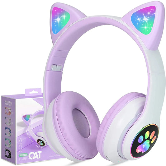 Kids Headphones,  Cat Ear Wireless Headphones, LED Light up Kids Bluetooth Headphones over on Ear W/Microphone for School