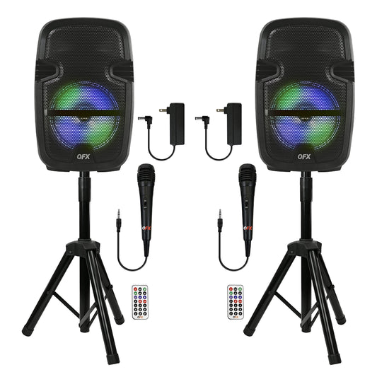 PBX-808TWS TWO 8 INCH PORTABLE PA SPEAKER SYSTEMS with 2 SPEAKERS, 2 SPEAKER STANDS, 2 WIRED MICROPHONES and 2 REMOTES