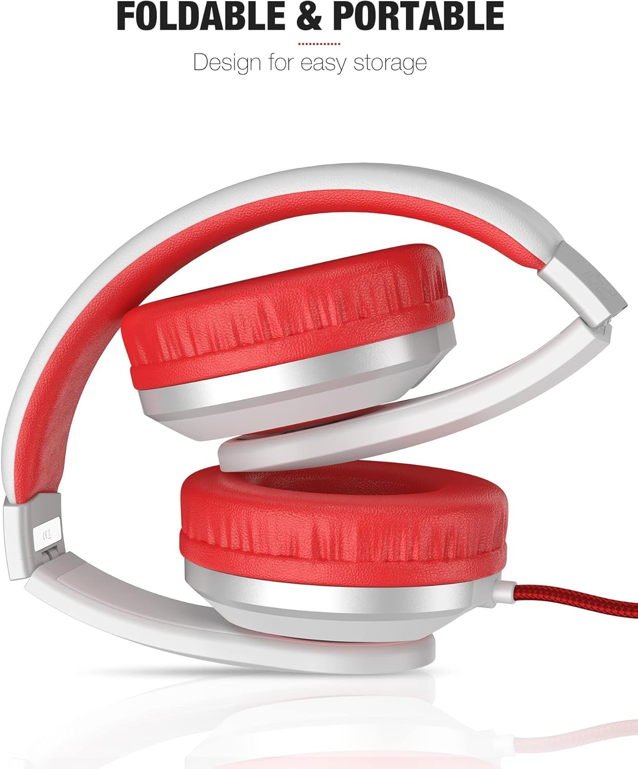 I41 Kids Headphones, Headphones for Kids Children Girls Boys Teens Foldable Adjustable on Ear Headphones with 3.5Mm Jack for Cellphones Computer MP3/4 Kindle School White/Red