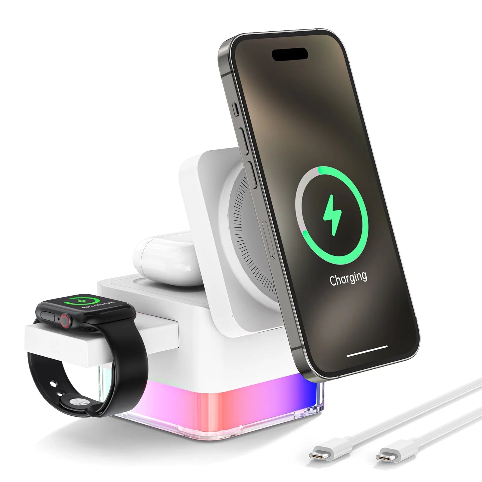 Wireless Charging Station, 3 in 1 Mag-Safe Charger Stand for Multiple Iphone Devices, Magnetic Wireless Charger for Iphone 16/15/14/13/12/Pro/Pro Max, Iwatch 10/SE/9/8/7/6/5/4/3/2, Airpods 2/3, White