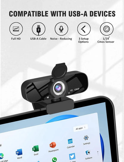 Full HD 1080P Webcam with Privacy Shutter and Tripod, Pro Streaming Web Camera with Microphone, Widescreen USB Computer Camera for Laptop Desktop