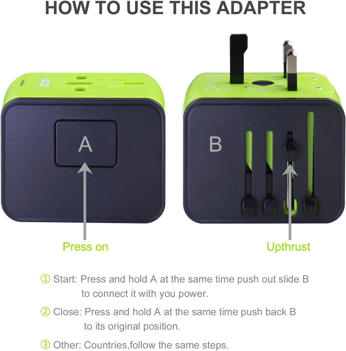 European Travel Plug Adapter, Universal Travel Adapter, 2.4A USB, 3.0A Type-C International Travel Adapter, Universal Travel Plug Adapter for US, UK, EU, AU & Asia Covers 150+Countries (Green)