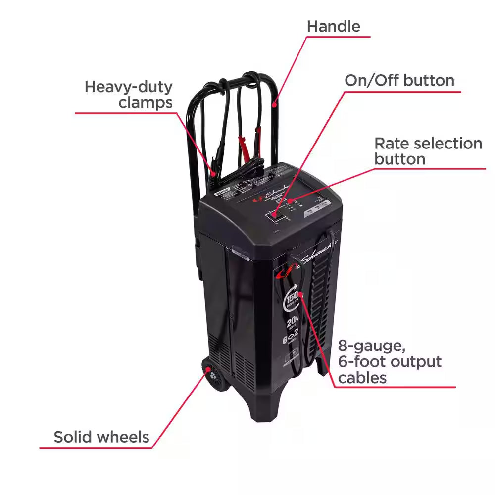 Automotive 12 Volt 150 Amp Fully Automatic Wheeled Battery Charger and Engine Starter with 20 Amp Boost