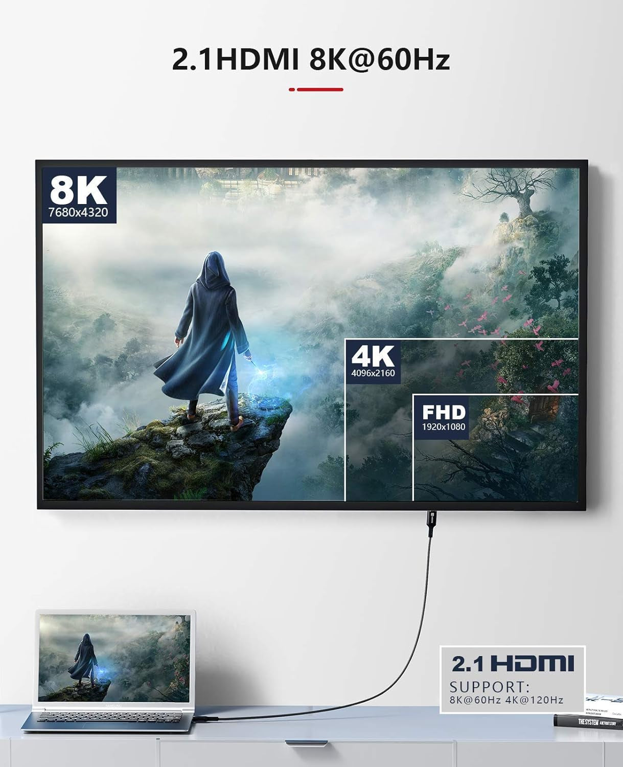 8K HDMI 2.1 Cable 6.6FT 48Gbps, Ultra High Speed HDMI Cable Braided Cord 4K@120Hz 8K@60Hz, Earc, HDCP 2.2 & 2.3, HDR 10 Compatible with Roku Tv/Ps5/Xbox X/Hdtv/Blu-Ray